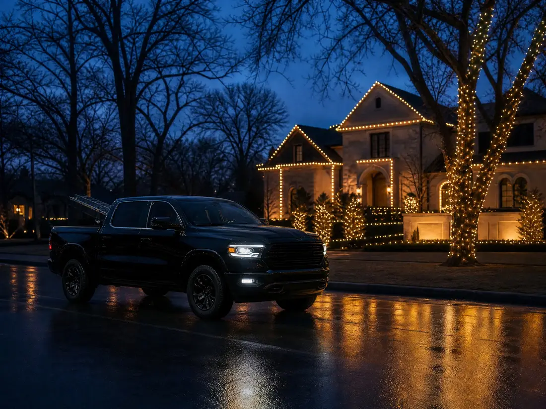 Service truck parked on a wet street in front of warm-white lit homes at night