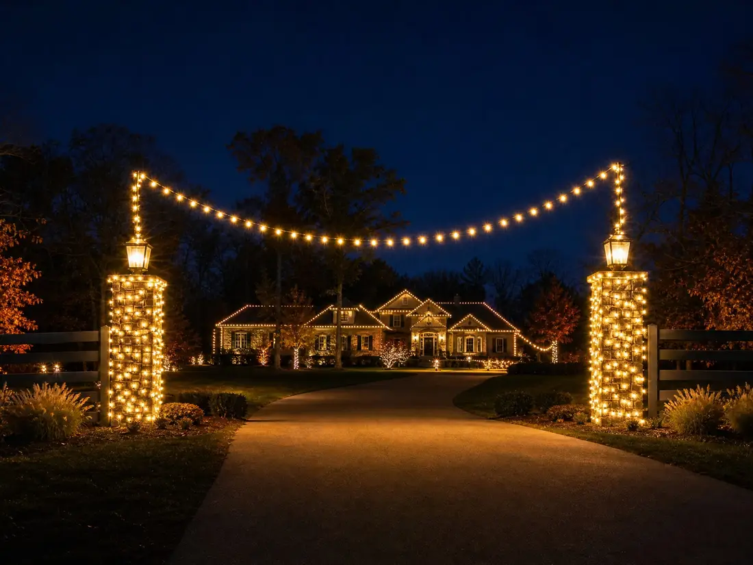 Warm-white string-light archway over a driveway entrance with lit lamp-post columns at an Oklahoma City estate
