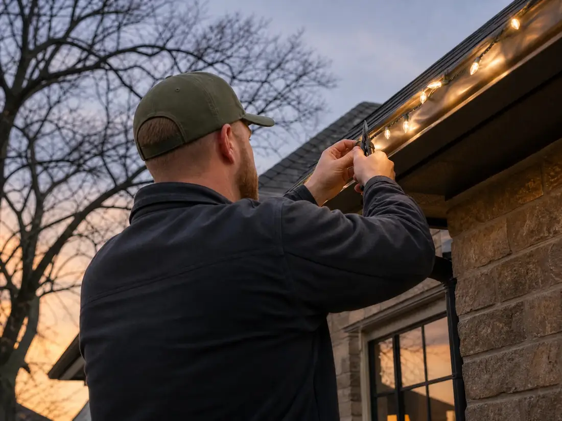 Insured installer clipping warm-white lights onto a roofline at dusk
