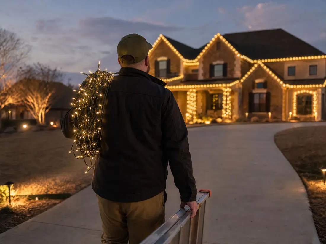 Installer carrying a coiled light strand and ladder toward a fully lit two-story home at dusk