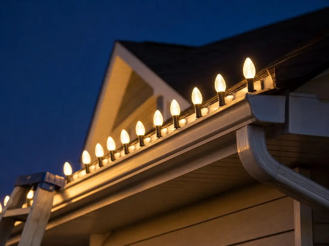 Close-up of warm-white C9 bulbs clipped evenly along a roofline and gutter at dusk