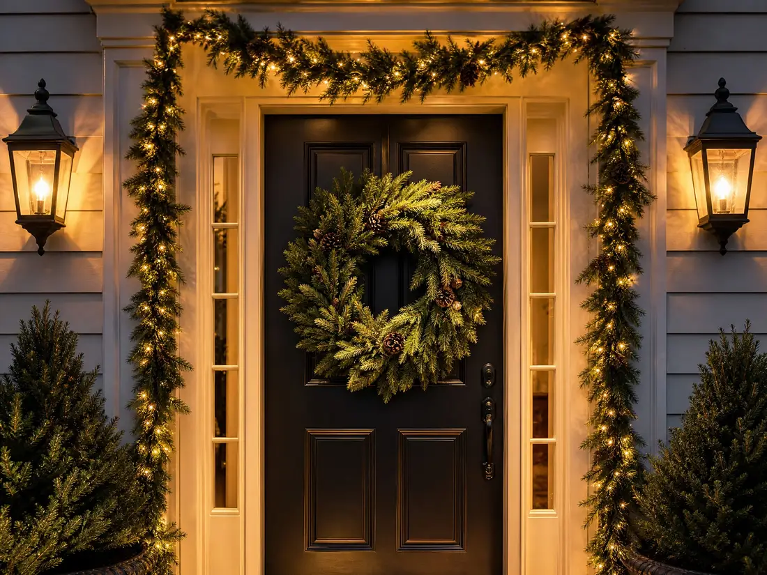 Lit evergreen wreath and garland framing a front door with carriage lanterns